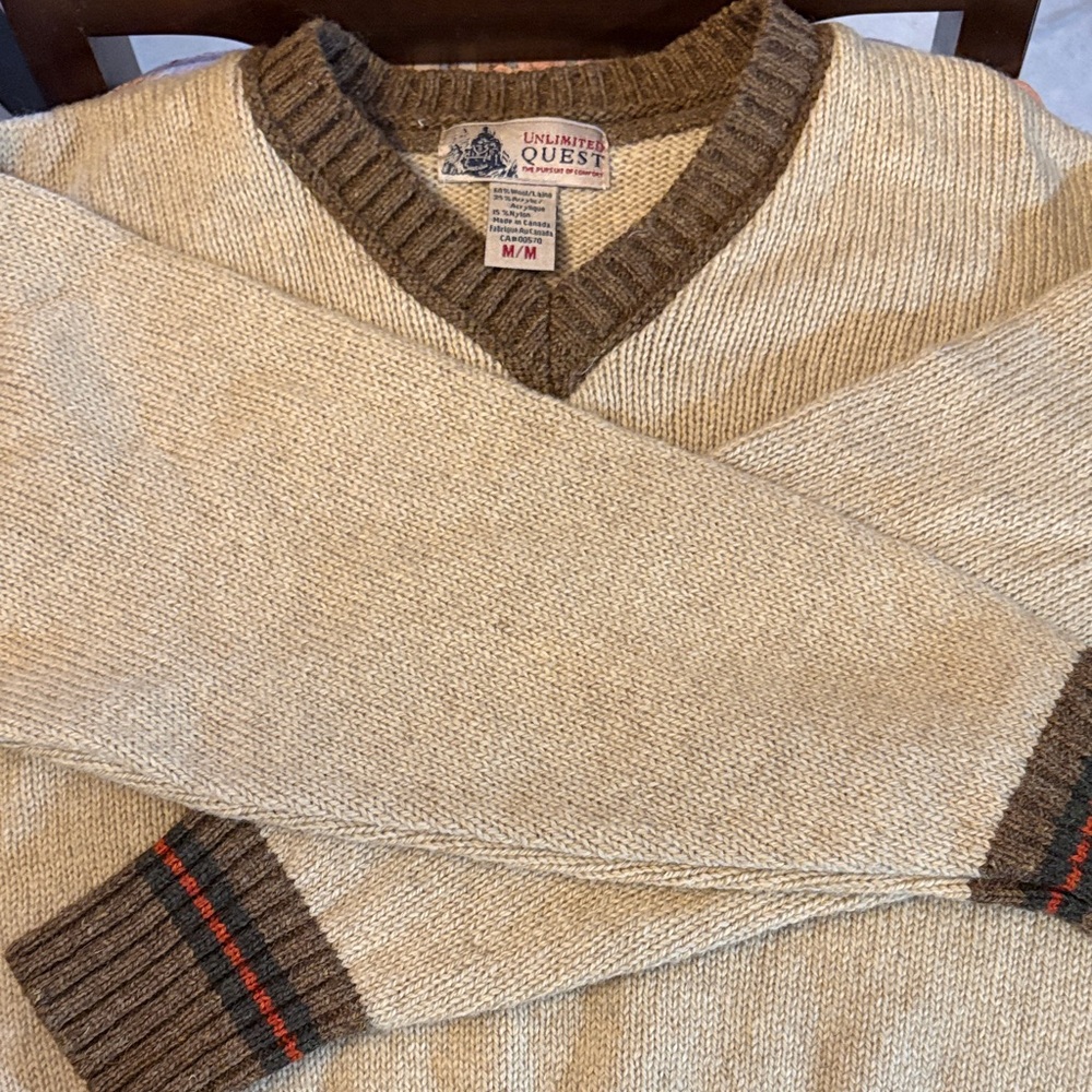 NWOT V-Neck Sweater in Tan, Red and Brown